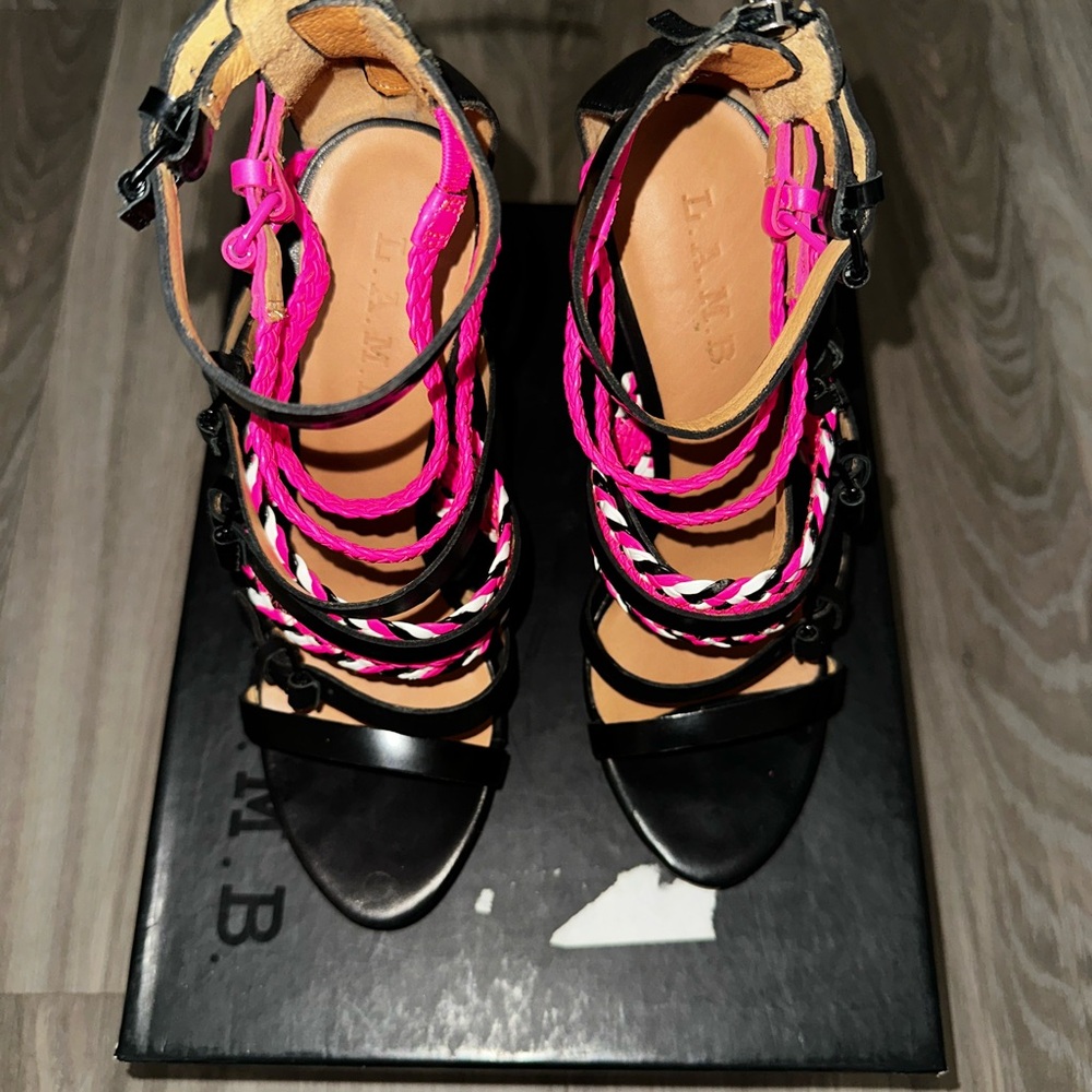 L.A.M.B. Black and Pink Strappy Heels
